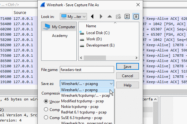 پنجره مربوط به ذخیرهسازی نتایج عملیات packet capture در نرمافزار وایرشارک نشان داده شده است - وایرشارک چیست