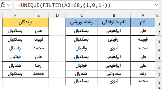 فیلتر کردن ستون خاص-تابع unique در اکسل
