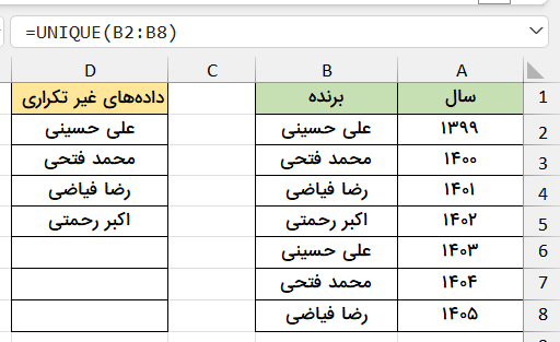 خروجی فرمول تفکیک سطری-تابع UNIQUE در اکسل